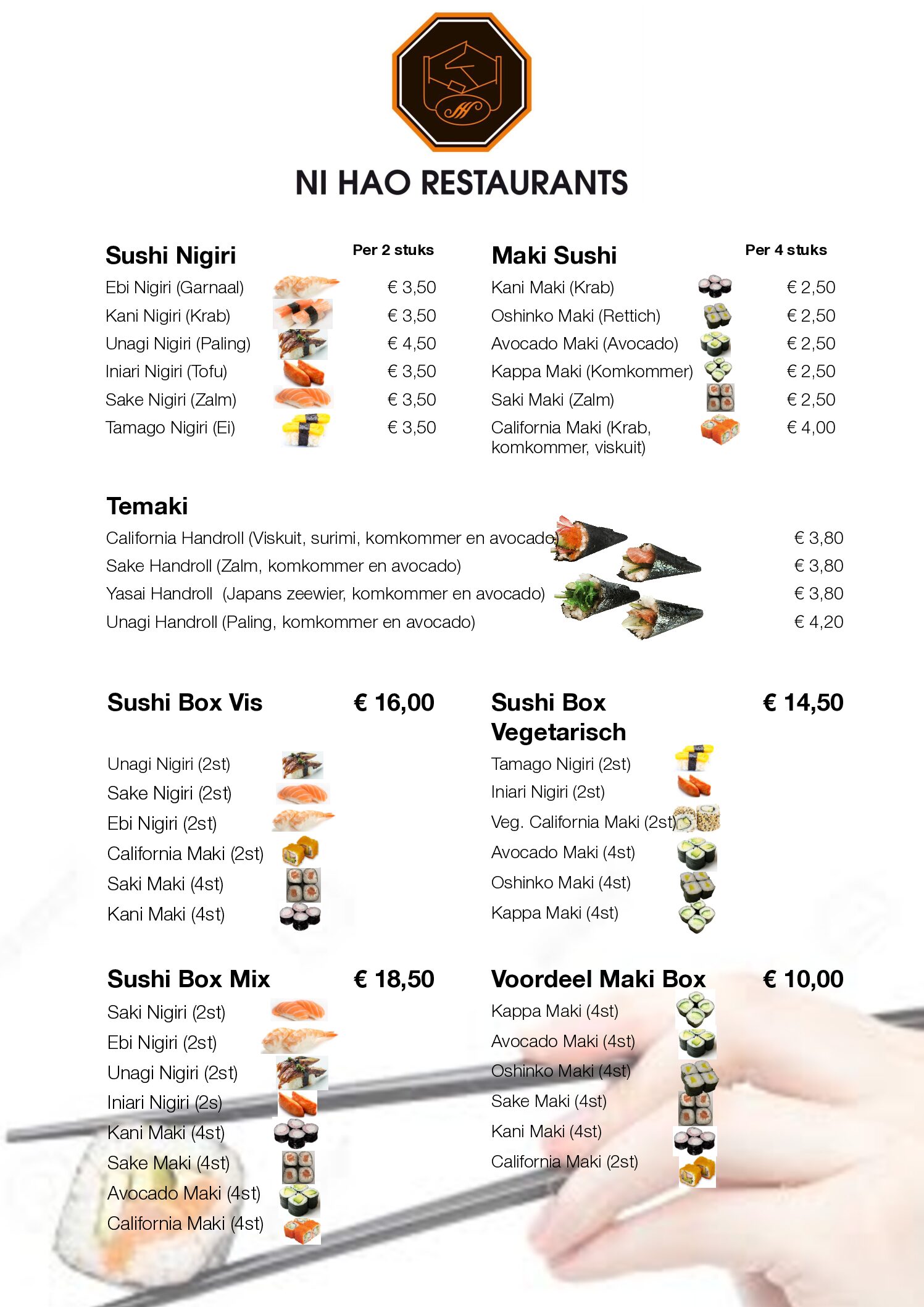 Menukaart terras Sushi Ni Hao Stadsparkpaviljoen